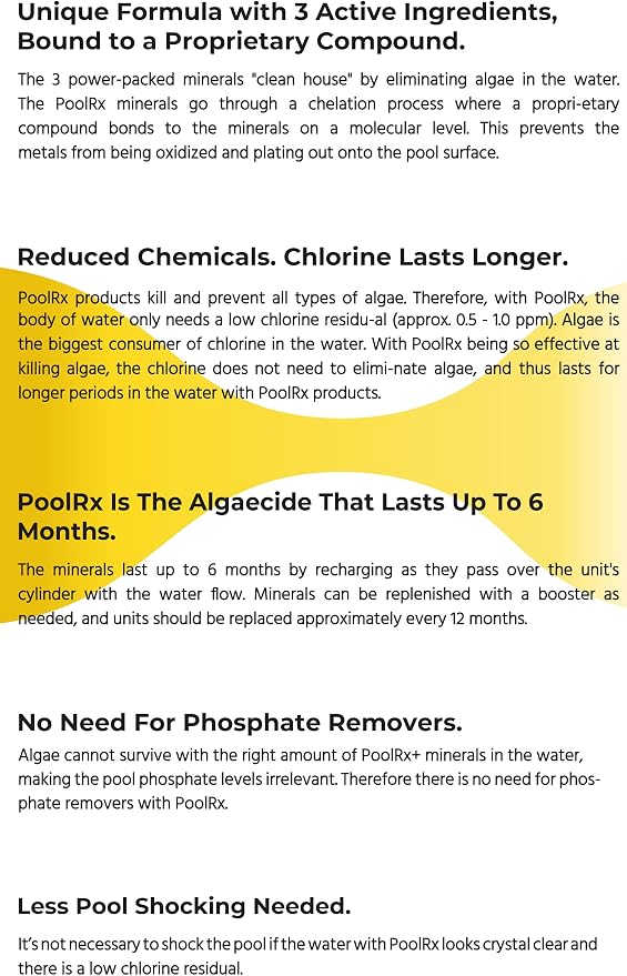 PoolRx+ Mineral Algaecide 4-Unit Pack, up to 6-Month Algae Control, for 100-400 gallons, Yellow & White, New Formula with Silver.