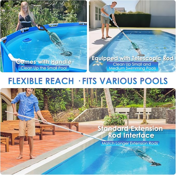 Pool Vacuum for Above Ground Pool, Handheld Rechargeable Pool Cleaner, Turbo™ Technology, Strong Suction 2700L/H, Running up to 75Min, Designed for Cleaning Leaves, Sand, Small Spas/Hot Tubs