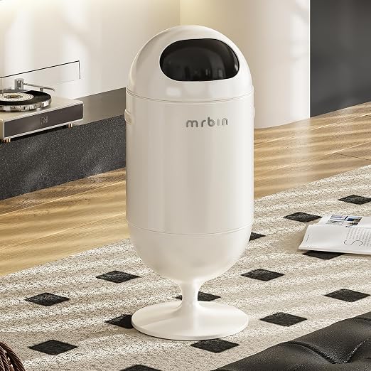 MRBIN Metal Trash Can with Lid, 5.3 Gallons / 20L Medium Decorative Waste Basket, Round Tall Garbage with High Leg for Bathroom, Office, Bedroom, Kitchen, Cream White