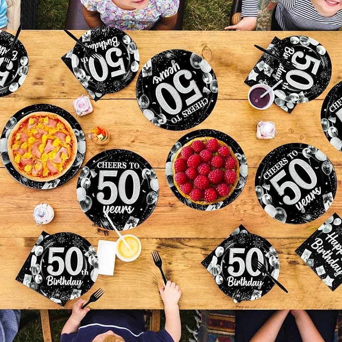 96Pcs 50th Black and Silver Birthday Party Supplies Cheers to 50 Years Party Plates and Napkins Disposable Happy 50th Birthday Tableware Set for Women Men 50 Years Old Decorations Serves 24