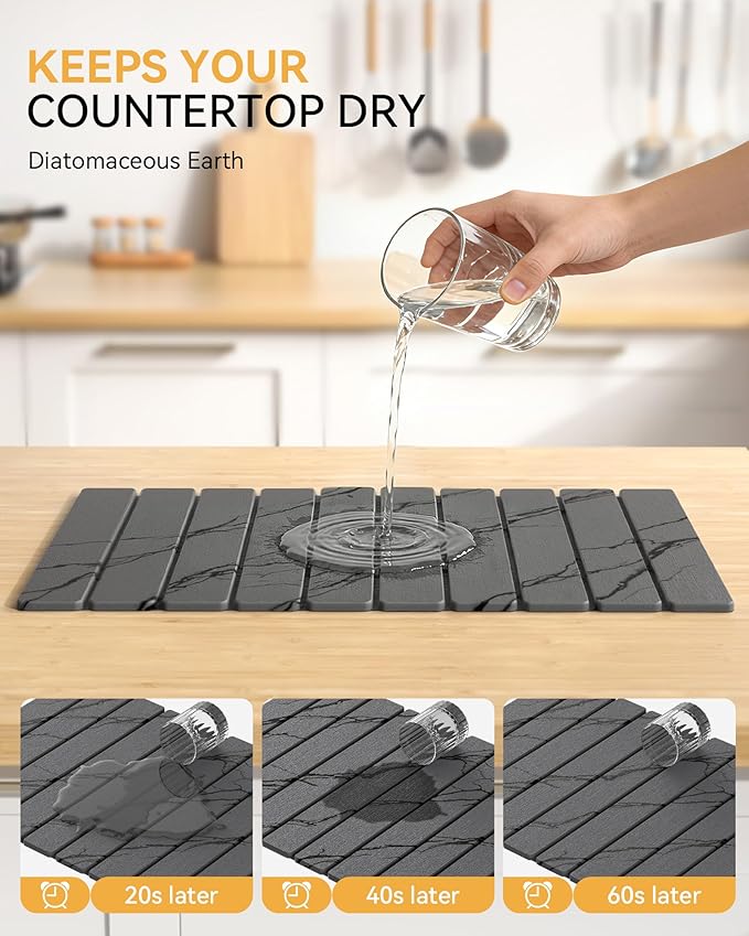 Yofidra Large Stone Dish Drying Mat for Kitchen Counter, Quick Dry Stone Mats with Absorbent Diatomaceous Earth, Foldable Roll Up Drying Organizer Pad for Utensils Plate, 24"×16", Dark Gray Marble