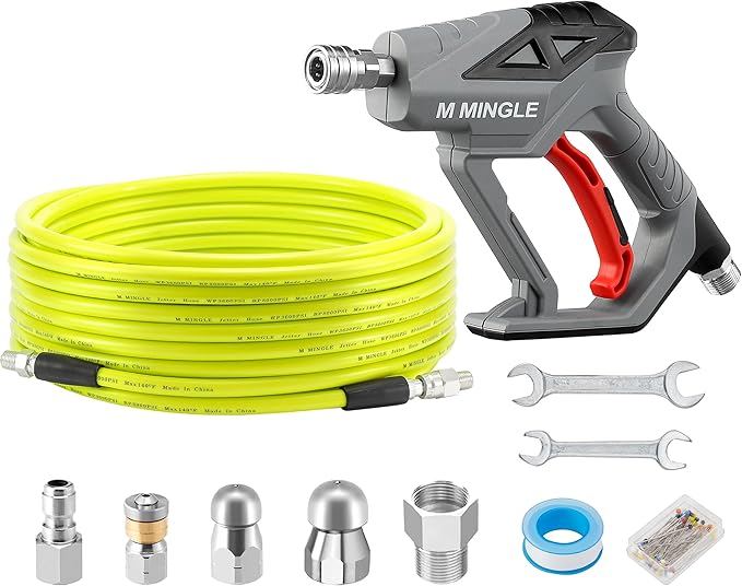 M MINGLE Sewer Jetter Kit for Pressure Washer 50 FT, Drain Cleaner Hose with Power Washer Gun, 1/4 Inch NPT Corner Rotating and Button Nose Sewer Jetting Nozzle, Orifice 4.0, 4.5
