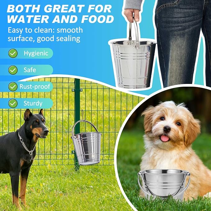 Hicarer 6 Pcs 1.5 Quart Stainless Steel Dog Water Bucket, Heavy Duty Stainless Steel Easy Clean Bucket Water Pails for Dogs Pets, for Kennels Farms Fences Cages Home