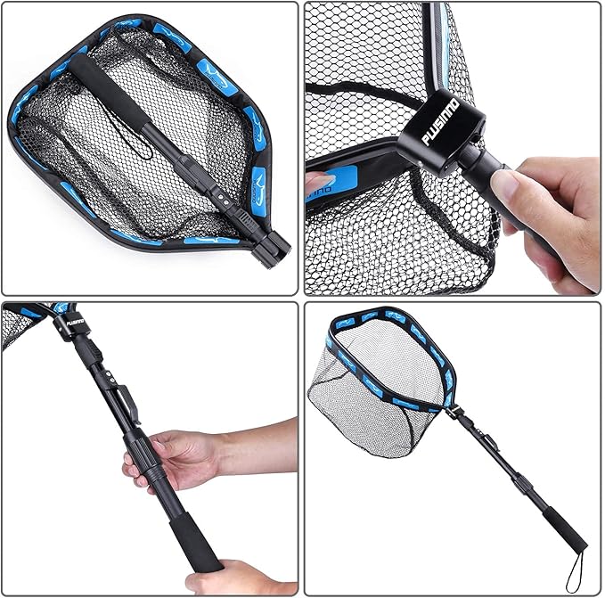 PLUSINNO Floating Fishing Net for Steelhead, Salmon, Fly, Kayak, Catfish, Bass, Trout Fishing, Rubber Coated Foldable Landing Net with Fixed or Telescoping Pole Handle, Fishing Gear and Gifts for Men