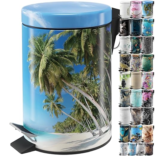 Sanilo Small Bathroom Trash Can with Lid [1.3 Gallon] - Lidded Tiny Trashcan for Garbage - Mini Metal Bin with Soft Closing Mechanism - Bath Room Accessoire Wastebin with Inner Bucket (Caribbean)