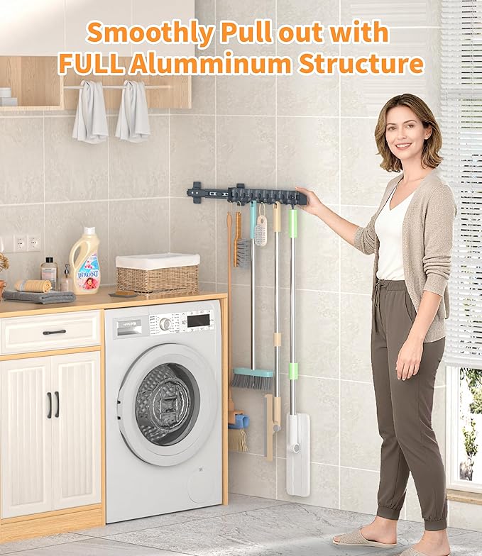 Pull Out Broom Holder With 9 Adjustable Sliding Hook, Multifunctional Slide Broom And Mop Storage/Organizer Garage Organization Hooks, for Closet Laundry - Dark grey- 41cm/16.14inch