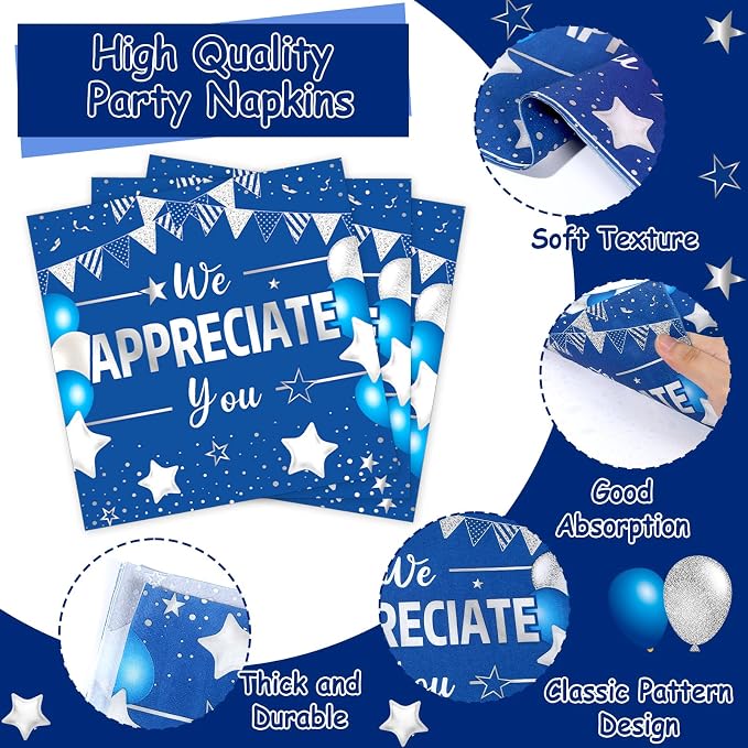 96pcs Blue Silver We Appreciate You Plates and Napkins Set for Thanksgiving Party Decorations Thank You Dinnerware Tableware for 24 Guests Employee Teacher Graduate Pastor Appreciation Party Supplies