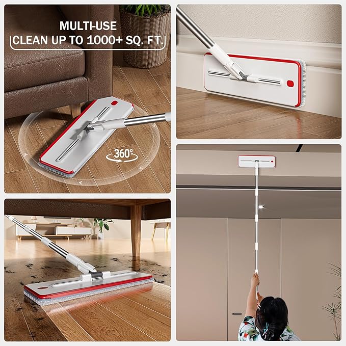 HoMettler Mop and Bucket Set, 3-Tank Flat Mop and Bucket System for Separate Dirty & Clean Water, 65" Mops for Floor Cleaning with 8 Washable Pads, Safe for Hardwood, Vinyl, Tile, Baseboards, Walls