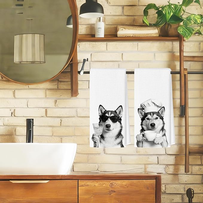 Funny Husky Kitchen Towels Set of 2, Dog Kitchen Bar Accessories, Dog Chef Gifts for Women Decorative Hand Towels for Kitchen Decor, Husky Lovers Dish Tea Towel, 16x24 Inch