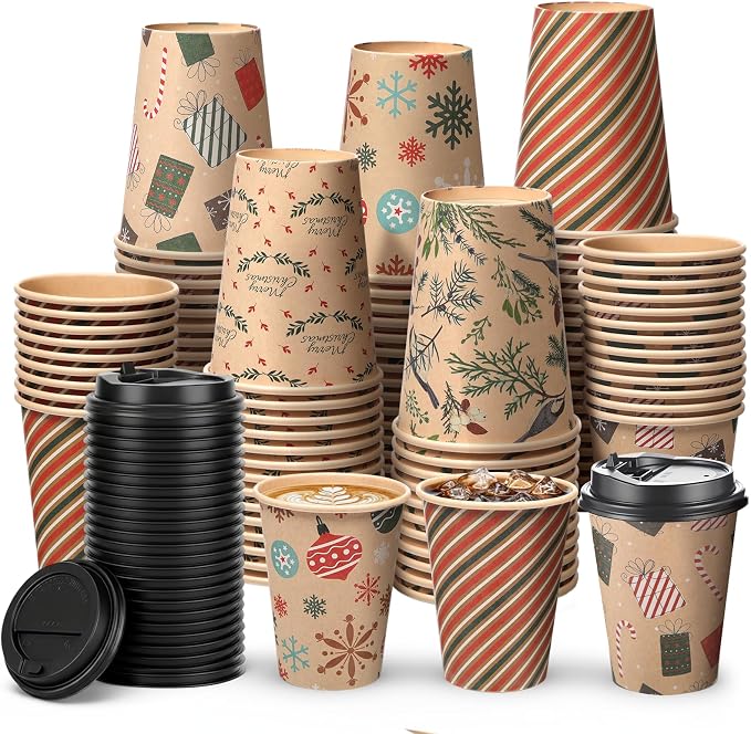 FoldTier 100 Pcs 12 oz Christmas Paper Cups with Lids Xmas Disposable Coffee Cups Holiday Kraft Paper Drinking Xmas Party Drinkware Supplies for Holiday Cocoa Beverage Cold Hot Drinks(Classic 2)