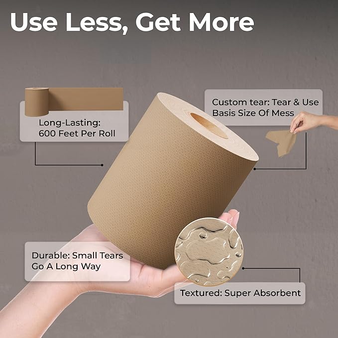 Restaurantware Paper Towel Roll 600' x 8" 1 Ply Universal Dispenser 2" Core Hardwound High Absorbency Everyday Use For Commercial Washroom Kraft 1 Count