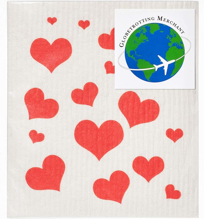 Swedish Dishcloths 2-Pack - Super Absorbent Reusable Cellulose Sponge Cloths, Eco-Friendly Kitchen Cleaning Towels, Machine Washable, Flying Hearts Design, 7.87"x6.88"