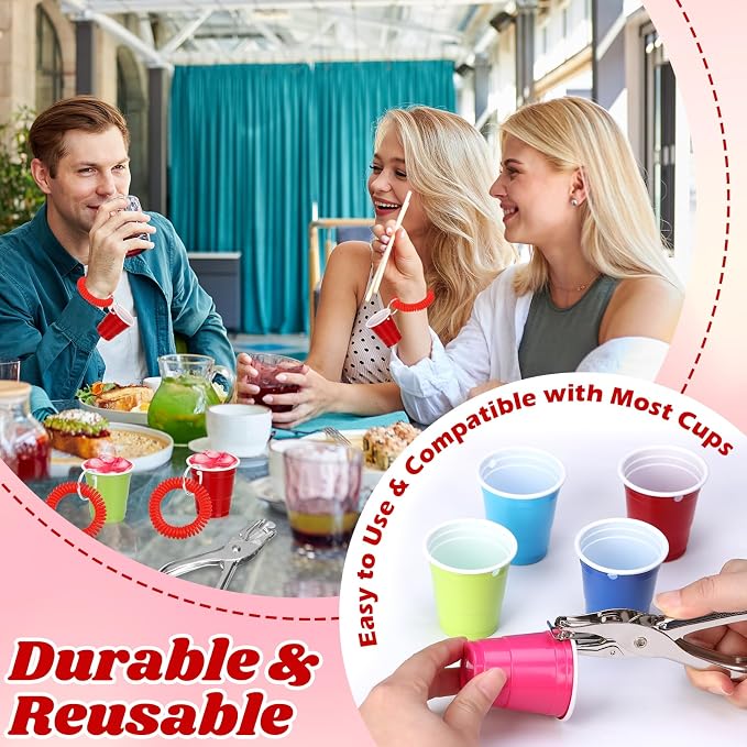 50 Pcs Red Stretchable Wristband for Shot Cups Wrist Coil Keychain with Hole Puncher Plastic Wristlet Keychain Kit for Shot Tasting Glasses Sports Game Party Supplies