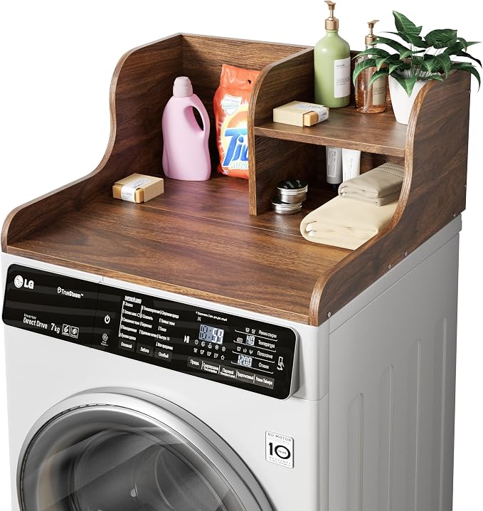 DTK Washer Dryer Countertop with Shelf,27.5" D x 27" W x 11.8" H Wood Countertop for Washer and Dryer,Laundry Countertop with Anti-Slip Strips and Edge Rails,Dryer Countertop for Laundry Room(Walnut)