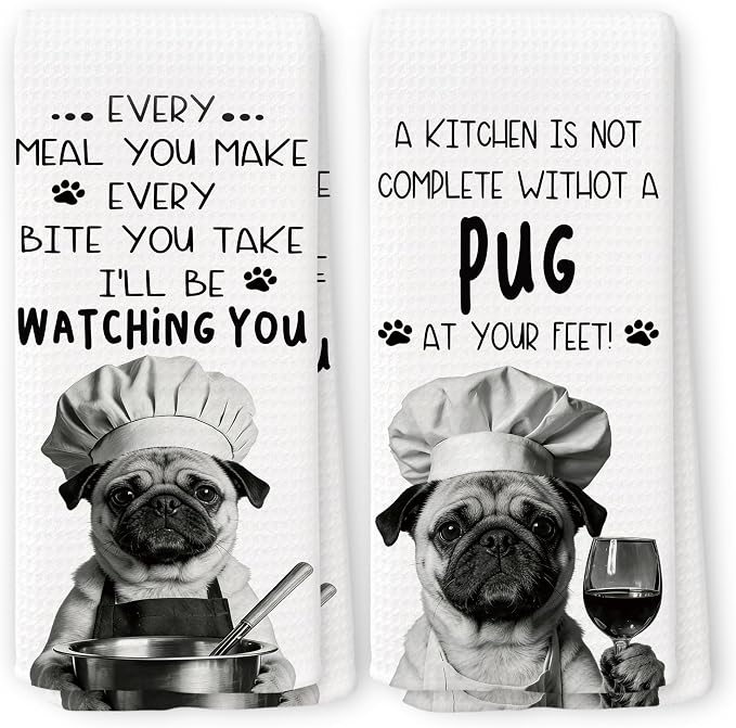 Funny Pug Dog Kitchen Towels 16x24 Inch Set of 2 | Pug Lovers Gifts for Women Men Dish Tea Towels for Kitchen, Dog Lover Mom Dad Owner Gifts Decorative Hand Towel