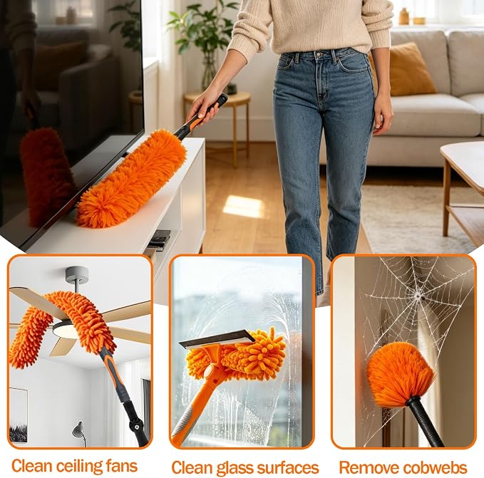 High Ceiling Duster Replacement Heads for Cleaning Fits Standard Threaded Poles, Duster Attachment with Ceiling Fan Cleaner Cobweb Duster Window Squeegee Microfiber Feather Duster Head Swivel Joint