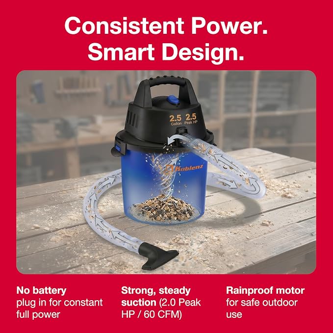 Koblenz Wet Dry Vacuum Cleaner, 2.5 Gallon 2.5 PHP, 60 CFM, 10 ft Reach, TWIST-N-LOCK Hose, Wall Mount, Small Shop Vac, Portable Shop Vac for Home Car Garage, Accessories Included, Blue/Black, WD-2.5L