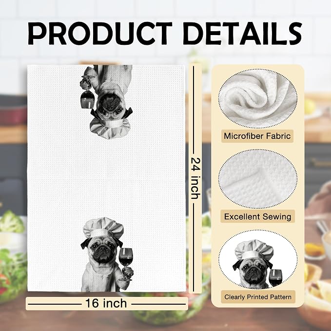 Funny Chef Pug Kitchen Towels Set of 2, Pug Dog Gifts for Women Dish Tea Towels for Kitchen, Dog Mom Lovers Owner Gifts Decorative Hand Towel, 16x24 Inch