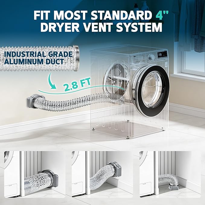 Magnetic Dryer Vent Coupling Connector Kit-DV180 Contractor-Grade Quick Connect for Tight Spaces Behind Dryer, Dual-Side Magnets, Airtight Seal, Easy to Clean, Includes 4" x 2.6ft Duct & 2 Clamps