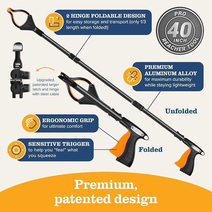 EZPIK Pro 40" Extended Grabber Reacher Tool for Elderly, Trash Hand Grabber Pickup Sticks for Seniors, Foldable Gripper Claw Pickup Tool, Hand Extension Magnetic Folding Tongs