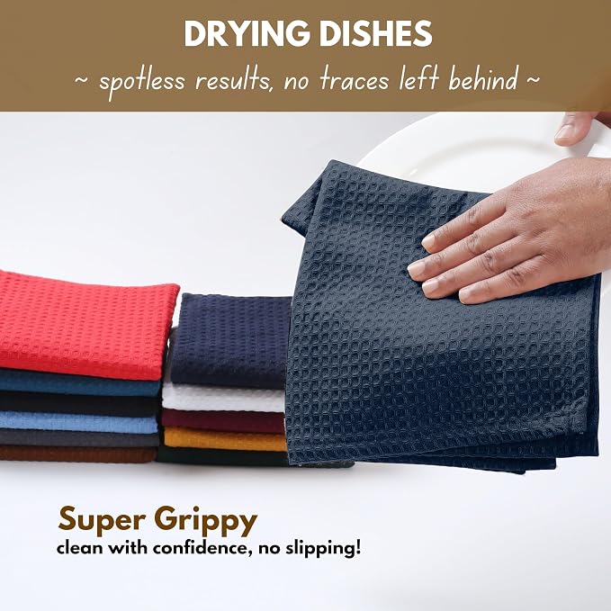Native Fab 12 Pack Waffle Dish Cloths - 100% Cotton, Absorbent, Quick Drying, Reusable Towels for Cleaning, Cooking, Baking - Great for Home, Restaurants, Versatile Use - 12"x12" - Navy Blue