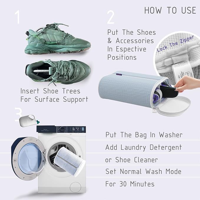 Shoe Washing Machine Bag - Dual Shoe Bag for Washing with Adjustable Shoe Trees, Laundry Shoe Bag for 2 Shoes, Fluffy Fiber, Wrap-around Cleaning, Olive-shaped Design, Durable Zipper, Blue