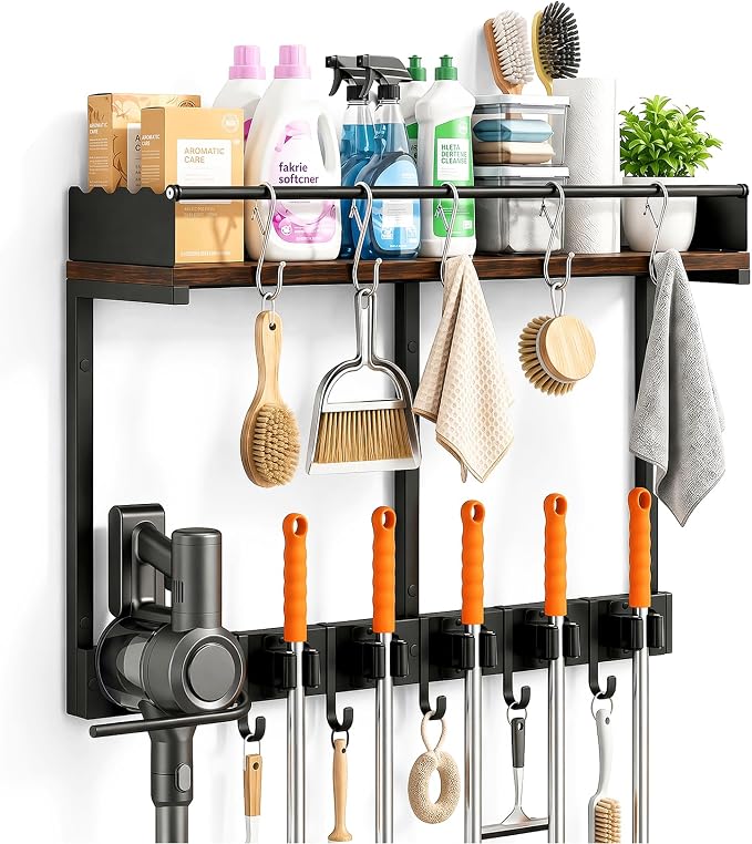 Broom Holder Wall Mount, Heavy Duty Broom and Mop Organizer Wall Hanging with Vacuum Stand, 5 Grippers & 10 Hooks, Utility Racks with Wood Shelf & Guard, Laundry Organization & Storage (L)