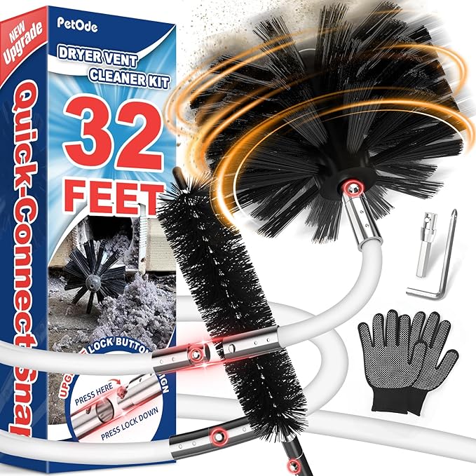 PetOde Dryer Vent Cleaner Kit Compatible with Most Vacuum Cleaner, Dryer Lint Brush and Vacuum Hose Attachment with Universal Connector, Quickly Lint Remover