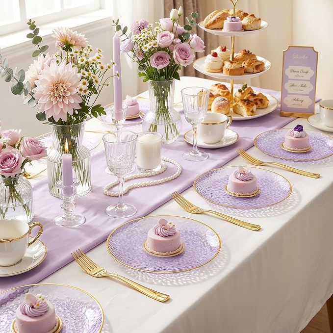 DaYammi 240Pcs Purple Plastic Plates Including 120Pcs Purple Dessert Plates and 120Pcs Gold Cake Forks,Hammered Appetizer plates Heavy duty Disposable Plastic Plate for Party Wedding Birthday