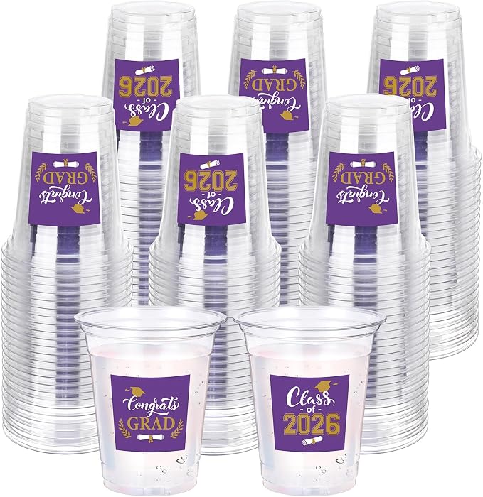 Amyhill 60 Pack 12oz Graduation Cups 2026 Graduation Decorations Disposable Plastic Cups Sturdy&Durable Drinkware for Class of 2026 Decorations Congrats Grad Party Favors Supplies (Gold Purple)
