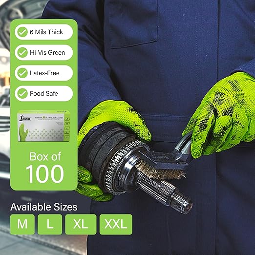 1st Choice 6 mil Green Gloves, Disposable, Latex Free, Raised Diamond Grip, Mechanic Glove for Men, XXLarge, 1 Box of 100