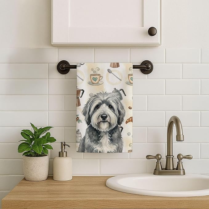 Caroline's Treasures Gray and White Old English Sheepdog Coffee Bar Kitchen Towel Velour Plush Front and Cotton Loop Back Machine Washable