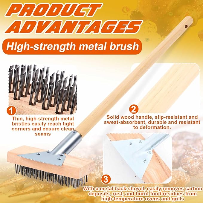 1 Pcs Stainless Steel Grill Brushes, Commercial Grill Scraper with 30'' Long Wooden Handle Oven Charbroiler Cleaning Brush for Outdoor Kitchens BBQ Restaurants