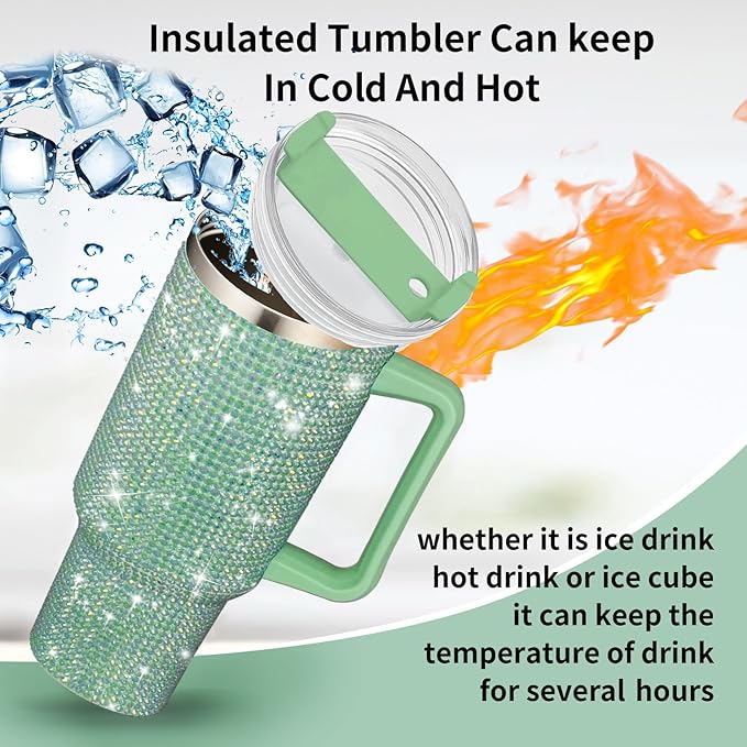 HWISDMIG 40oz Tumbler with Handle-Glitter Rhinestones Tumbler Bling Cups Stainless Steel Water Bottle Diamond Studded Tumbler for Women-Birthday Gifts for Women, Mom, Girlfriend (Dark Green)