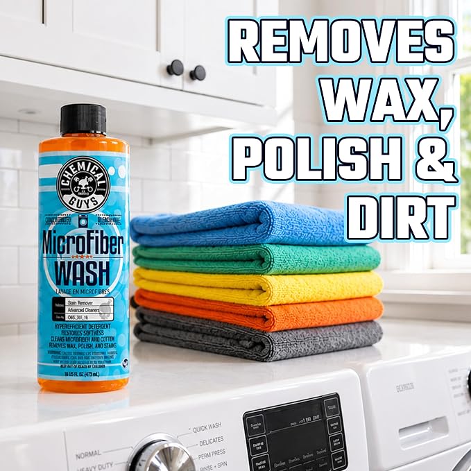 Chemical Guys Microfiber Wash Detergent, Concentrated, Fresh Citrus, 64 oz | Microfiber-safe concentrate for towels, mitts, and pads; lifts dirt, grease, and wax, restores softness, no softener needed