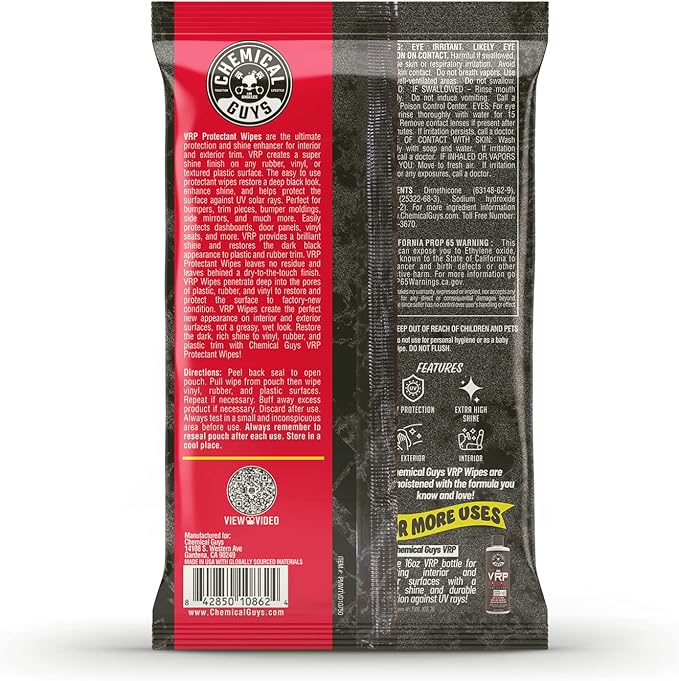 Chemical Guys PMWTVD10750 VRP Shine and Protectant Wipes Mega 100 Pack, For Vinyl, Rubber and Plastic Non-Greasy Dry-to-the-Touch Long Lasting Super Shine Dressing for Tires, Trim and More, (50 Ct)