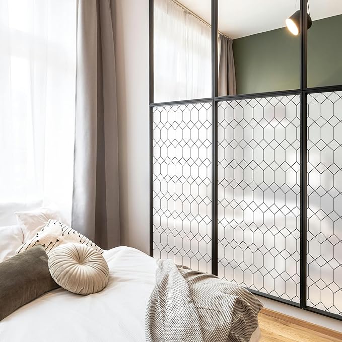 DKTIE Window Privacy Film Stained Glass Frosted Glass Window Clings Moroccan Lattice Decorative Bathroom Door Coverings UV Sun Blocking Heat Control (S593, 29.5in X 78.7in)