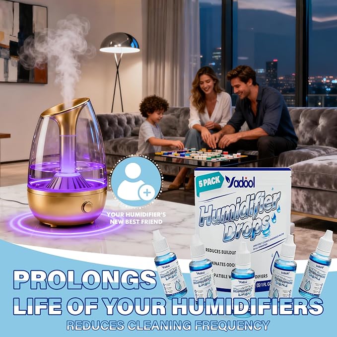 [5 Pack] Humidifier Cleaner Drops, Humidifier Water Treatment Cleaning Solution for All Makes & Models - Slows Buildup & Scaling - Deeply Cleans & Deodorizes Water - 500+ Day Supply