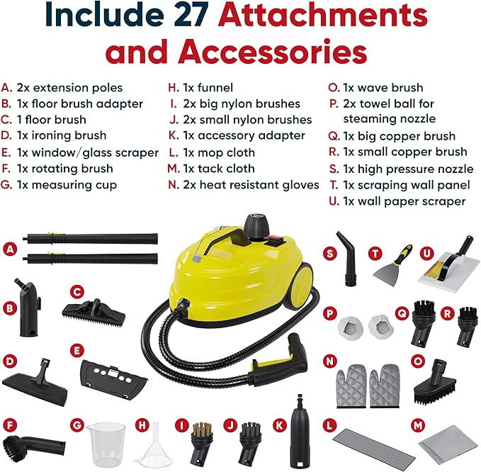 Heavy-Duty Steam Cleaner for Home & Car - High-Pressure Chemical-Free Deep Cleaning System, Portable Handheld Steamer with 27-Piece Kit for Tile, Grout, Floors, Ovens & Upholstery