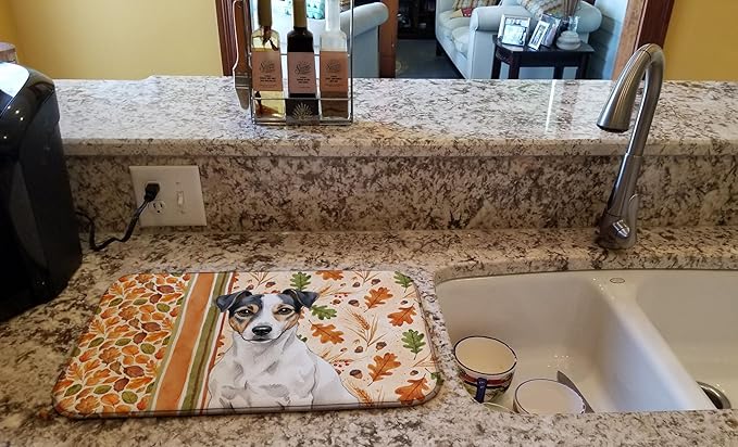 Caroline's Treasures White and Black Jack Russell Terrier Heirloom Fall Dish Drying Mat Absorbent Dish Drying Mat Pad for Kitchen Counter Dish Drainer Mat for Countertop, 14 x 21", Multicolor