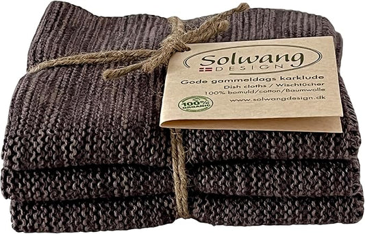 Solwang 3-Piece Danish Cotton Dishcloths in 100% Certified Organic Cotton Made in India (Grey Dark Melange Organic Trio)