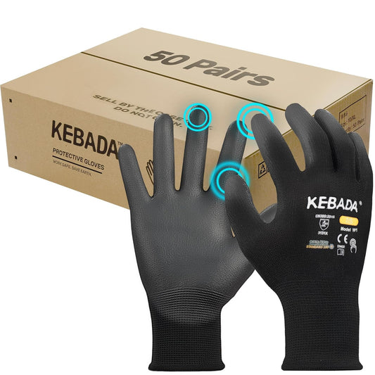 Kebada W1 Safety Work Gloves, PU Coated Touch Screen Work Gloves with Grip, Bulk Pack Working Gloves for Warehouse, Construction, Gardening and Mechanic Use, Black, 50 Pairs, X-Small
