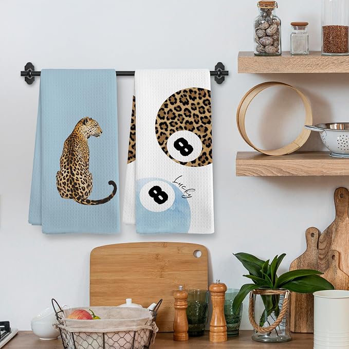 Trendy Leopard Cheetah Print Poker Lucky 8 Ball Bathroom Decor, Preppy Light Blue Leopard Decor Dish Hand Towels for Bathroom Kitchen Sets of 2, Cheetah Kitchen Towels and Dishcloths,16x24in