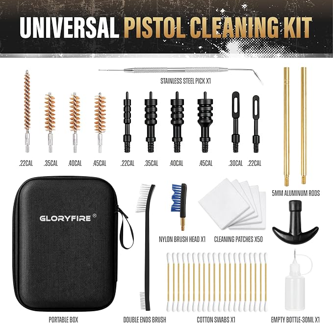 GLORYFIRE Universal Gun Cleaning Kit Fits .22 .357/9mm .38 .40 .45 Cal Handguns & Pistols Compact Carrying Case for Portability Multiple Styles with Brass or Plastic Jags & Tips for Shooting and Range