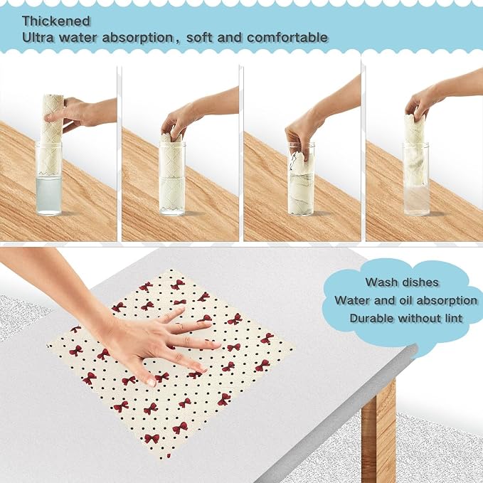 JIPONI 6 Pack Kitchen Dishcloth, Cute Bow Polka Dot Absorbent Kitchen Towels for Dishes, Fast Drying Microfiber Dish Rags, 11x11 inch