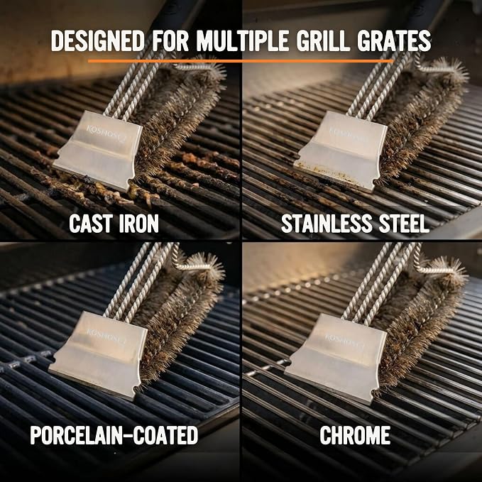Kosmos Q Grill Brush with Scraper, for Him, Heavy Duty BBQ Grill Cleaning Brush for Gas, Charcoal, Pellet & Smoker Grills, Grill Grate Cleaner Tool for Cooking & Barbecue Accessories