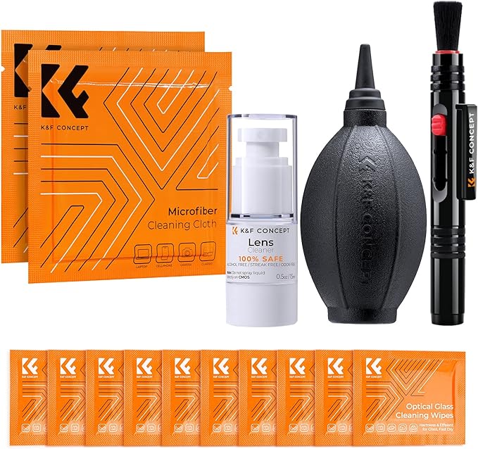 K&F Concept Camera Lens Cleaning Kit - 15ml Sensor Cleaner, Lens Pen Brush, Air Blower, Microfiber Cleaning Cloths & Full-Frame Sensors Cleaning Swabs for DSLR & Mirrorless Cameras
