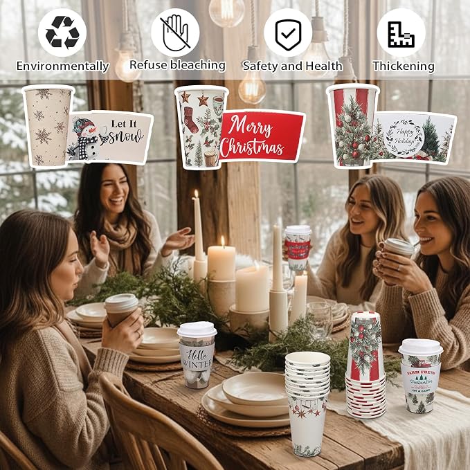 36 Sets/ 108 Pcs Christmas Tree Paper Cups 16 oz Disposable Coffee Cups with Lids and Sleeves Xmas Hot Cocoa Coffee Mug for Cold Drinks Hot Chocolate Christmas Party Supplies