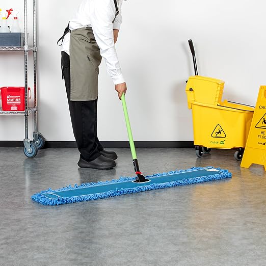 Restaurantware-Clean Tek Professional 48.03 x 5 Inch Dry Floor Mop, 1 Reusable Dust Mop - 64-Inch Handle, Secure Attachment, Blue Microfiber, Machine Washable, for Floor, Cleaning Home Or Office