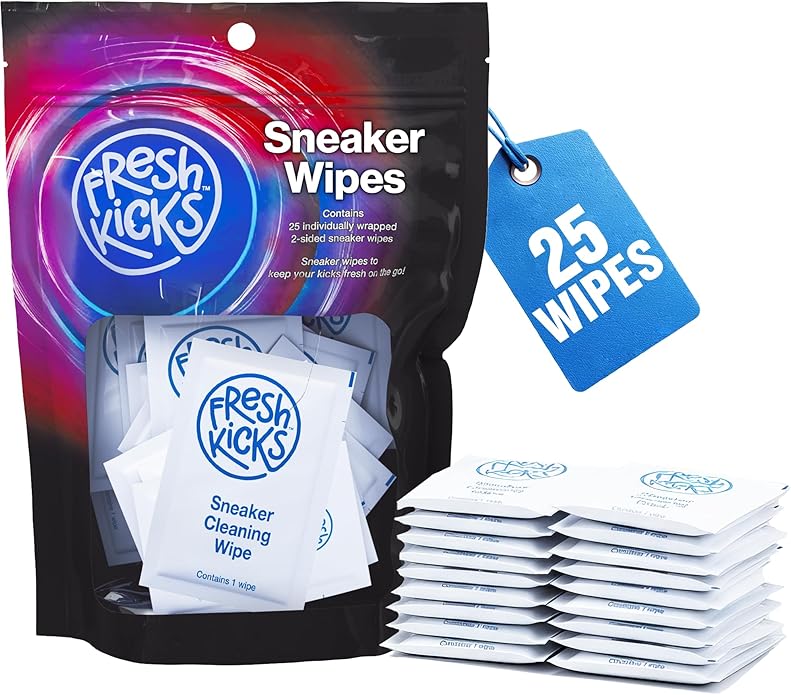 FRESH KICKS Sneaker Wipes Cleaner – 25 – Pack Quick Wipes for Sneakers On-the-Go – Safe on Leather, Suede & White Shoes – Shoe Cleaning Wipes Remove Dirt & Stains – Travel Shoe Cleaner Kit Essential